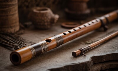 Fototapeta premium Close-up of a wooden flute with intricate details, reeds, and rustic background elements