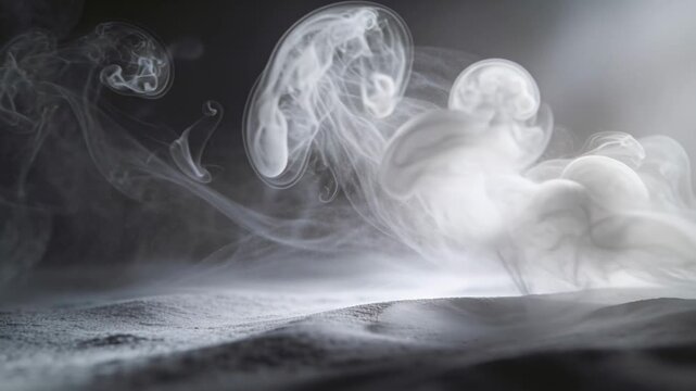 Ethereal white smoke swirling and undulating across a dark, granular surface in slow motion