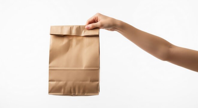 Hand holding brown kraft paper bag isolated on white background