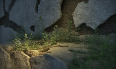 Obraz premium Close-up of stone formations with sparse vegetation and soft lighting