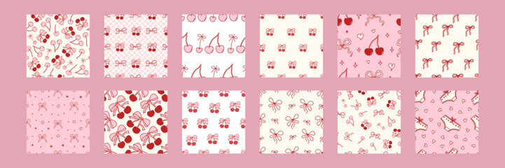 Cute cherry print set with delicate bows creating a seamless coquette pattern. Girly heart motifs and pink ribbons form a charming Valentine backdrop for trendy textile designs. Vector illustration
