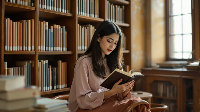 young women are reading books in the library