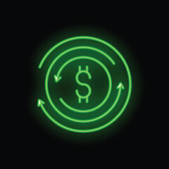 Obraz premium Green neon sign of a dollar sign rotating with arrows indicating money circulation