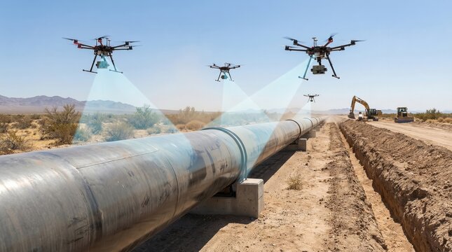 Drones equipped with sensors inspecting a pipeline in a desert with construction vehicles in the background, advanced technology, industrial safety, remote monitoring, desert infrastructure.
