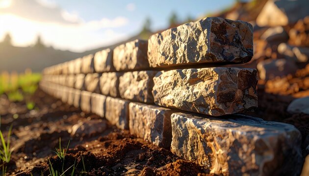 FlyPro Firefly Series interlocking natural stone blocks form a sturdy eco-friendly retaining wall, realistic photography