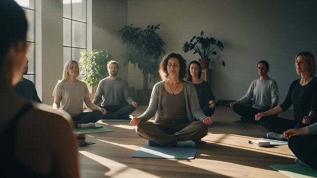 Serene yoga class practices mindfulness in a sunny studio with plants and natural light