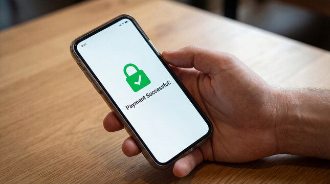 Close-up of a smartphone displaying an automatic bill payment confirmation with a secure lock icon, emphasizing digital security