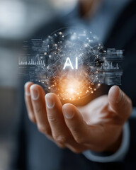 Naklejka premium Hand Holding AI Sphere: A person's hand cradles a glowing AI sphere, symbolizing the convergence of human and artificial intelligence, showcasing technological progress.