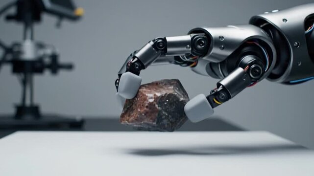A robotic hand carefully picks up a rough, brownish rock in a laboratory or testing environment with blurred machinery in the background.