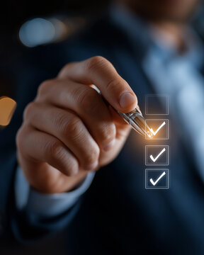 Business Objective: A professional hand meticulously ticks off each task on a glowing checklist, symbolizing goal attainment and successful execution.