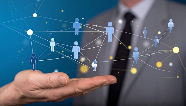 Network of People in Hand: A businessman's hand supports a glowing digital network connecting human figures, symbolizing global connectivity and modern communication.