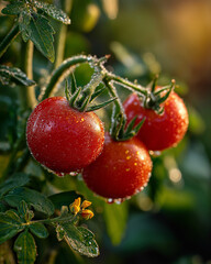 Obraz premium Juicy Tomatoes on the Vine: Three vibrant, ripe tomatoes glisten with droplets, hanging from a flourishing vine in the warmth of sunlight, representing the essence of freshness and natural bounty.