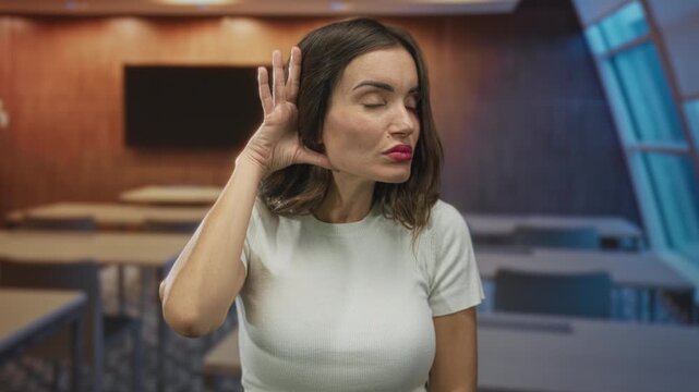 Woman with hand cupped to ear listening attentively beside classroom desks under warm lights; curiosity.