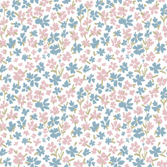 A beautiful abstract floral seamless pattern in blue and pink with green leaves and stems. Plain or bold background for textiles, prayer robes, mattress covers, bed covers, blankets, aprons, curtains