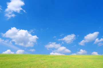 Fototapeta premium A captivating view of the blue sky and green meadow with fluffy clouds