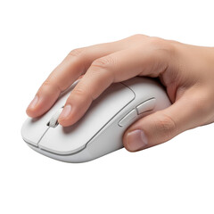 A close-up view of a person using a white computer mouse on a white surface isolated on transparent background