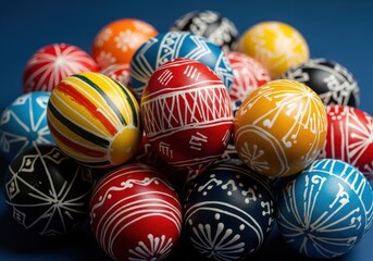 Obraz premium Colorful easter eggs with intricate designs and patterns on a dark blue background
