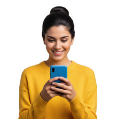Woman in a yellow top looking at her smartphone with a smile isolated on transparent background