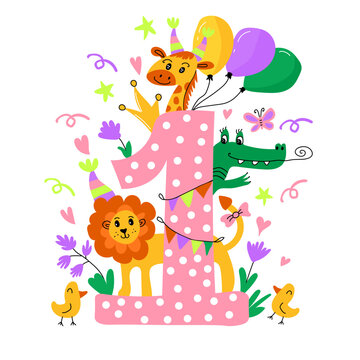 Colorful Happy first birthday illustration. Birthday anniversary number with cute animals on white background. Hand drawn doodle style vector template for designs.	