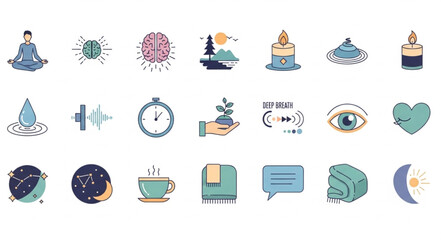 Collection of Icons Representing Mindfulness and Well-being Concepts. © Lembu