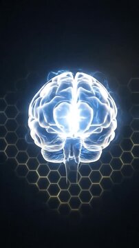 Glowing brain floating above hexagonal grid with bright light shining from center