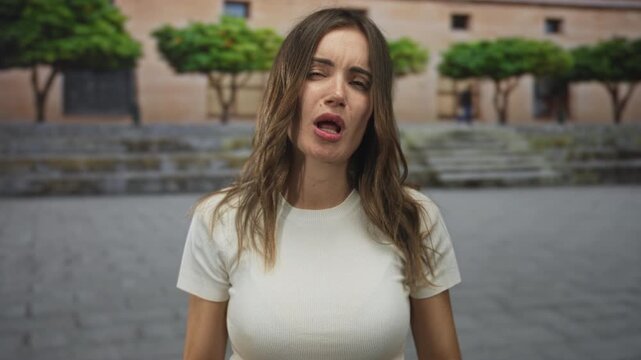 Young woman makes crying gesture showing face and fists near eyes on street steps in front of a building plaza, wearing white top and casual posture; sadness.