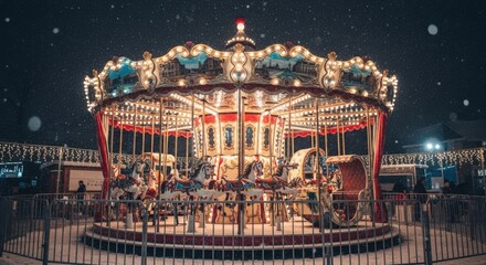 A colorful merry go round at night with lights illustration