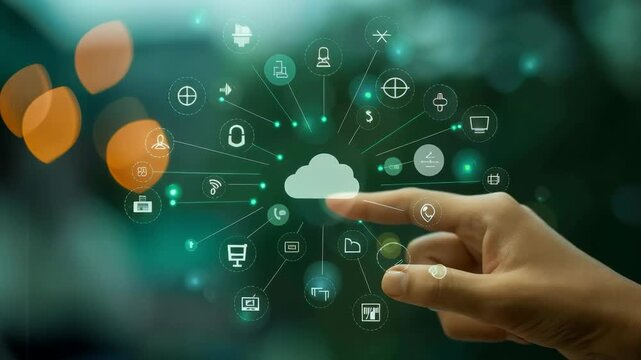 A hand touches a cloud surrounded by technology and communication icons, symbolising innovation &mdash; a universal background for presentations on digital solutions and cloud technologies.
