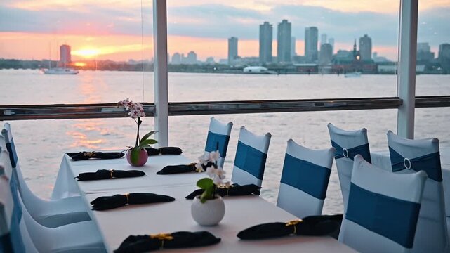 Banquet table setting with chairs on boat at sunset. Long dinner table with white cloths and blue chair sashes on outdoor deck of cruise ship during sunset.
