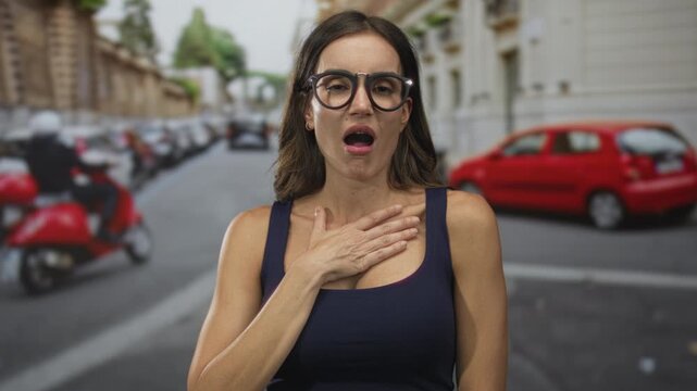 Woman wearing glasses and navy tank top clutching chest in apparent heartattack on urban street lined with parked cars and buildings; surprise.