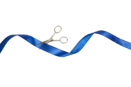 scissors cutting blue band of gift ribbon string isolated on white or transparent png