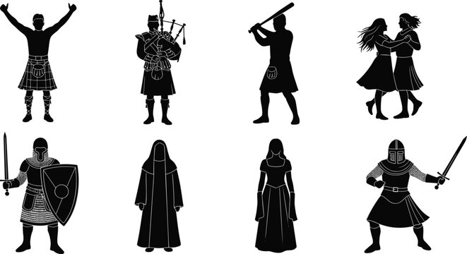 Scottish traditional characters silhouettes bagpiper dancer warrior medieval people vector illustration isolated collection set
