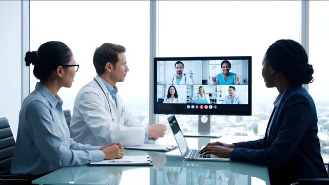 Medical professionals engage in a video conference with colleagues on a computer screen in a modern office setting from a slight angle viewpoint