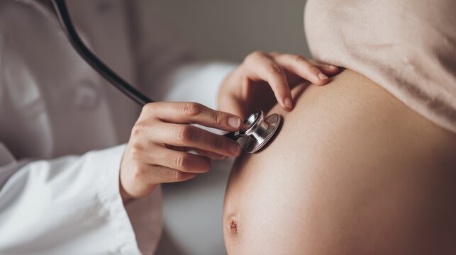 Doctor using stethoscope on pregnant woman's belly during checkup