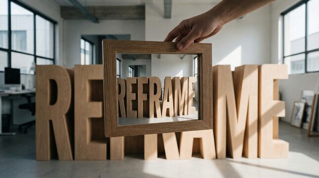 Concept of Reframing: Hand Holding Frame over Wooden Letters