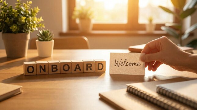 Onboarding Welcome Desk with Wooden Blocks and Hand Holding Card