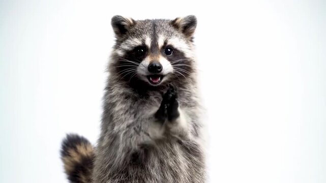 A cheerful raccoon clapping its paws, creating a playful and lively mood, perfect for use in wildlife content and animal features.