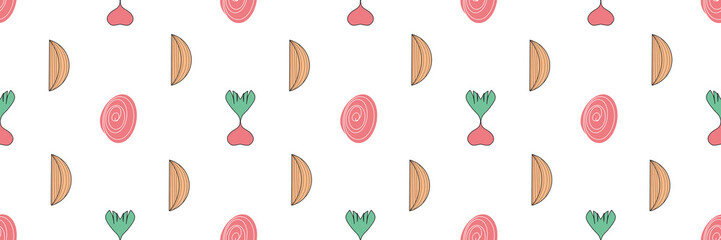 Fototapeta premium Pink onion with green leaf and circle pink onion and garlic doodle seamless pattern. Perfect for culinary packaging, spice labels, organic food branding, kitchen decor, wrapping paper.