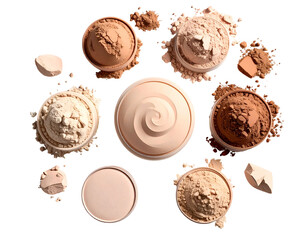 Powders of varying shades in small bowls, swirled powder in a center compact, dark background