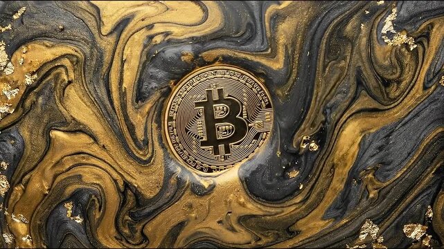 Luxurious gold bitcoin coin swirling in abstract black background. Modern cryptocurrency finance and investment concept with fluid marble texture