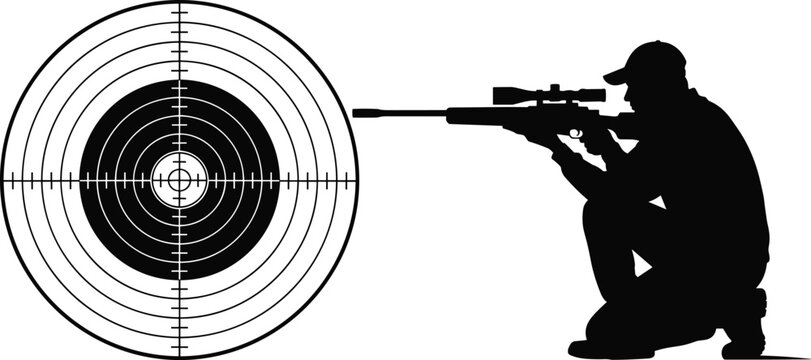 Sniper Shooter Aiming with Rifle at Target Silhouette Precision Shooting Sport Vector Illustration