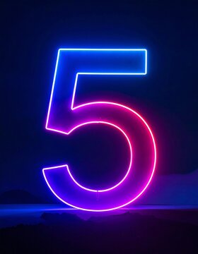Number 5 with neon outline. Glowing number on dark background