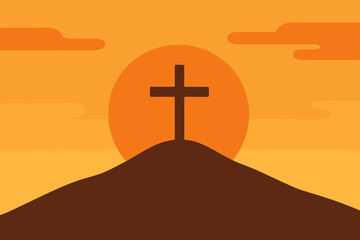 Flat vector scene of a hill with one central cross and setting sun behind it