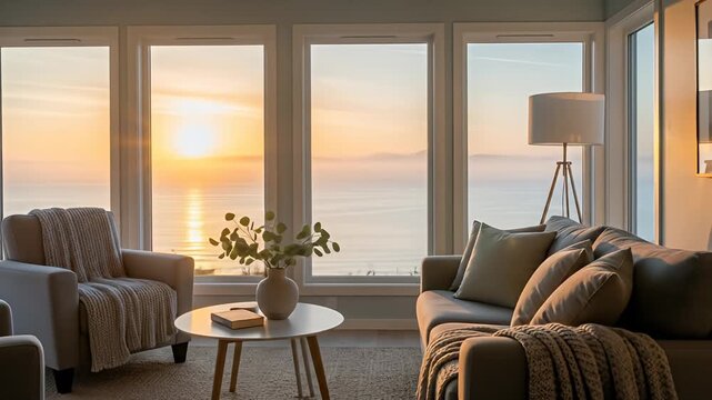 Interior living room view bay window with sunset over ocean, coastal home interior style