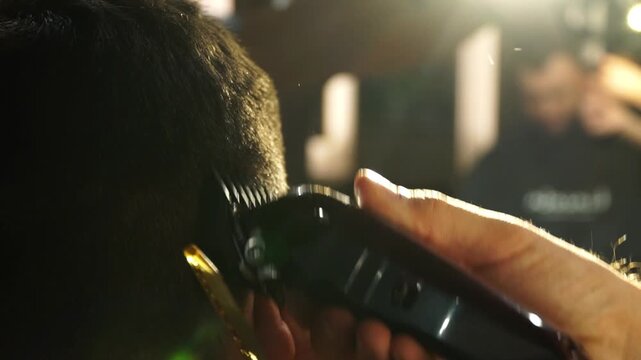 Grooming session in a stylish salon, showcasing the detailed process of a haircut with clippers and comb, capturing the artistry and precision of hair styling in a vibrant atmosphere