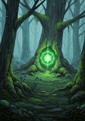 Enchanting Green Forest with Heart Chakra Symbol