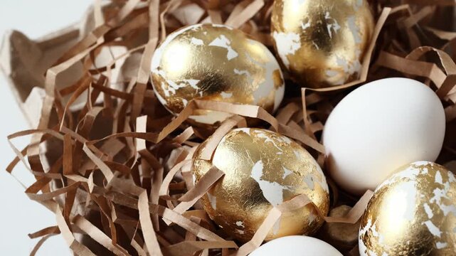 Golden and white eggs resting in straw during Easter celebrations