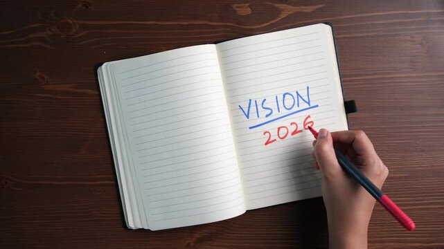 Vision 2026 Goal Planning Concept in diary with marker pen, Goals, time management and productivity planning concept background