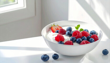 Close Up of Greek Yogurt with Fresh Berries and Cream Drizzle by Window