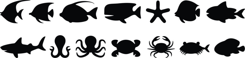 Sea creature silhouettes vector icons, fish shark octopus crab starfish marine life illustration set, ocean nature design artwork collection © Creative Art